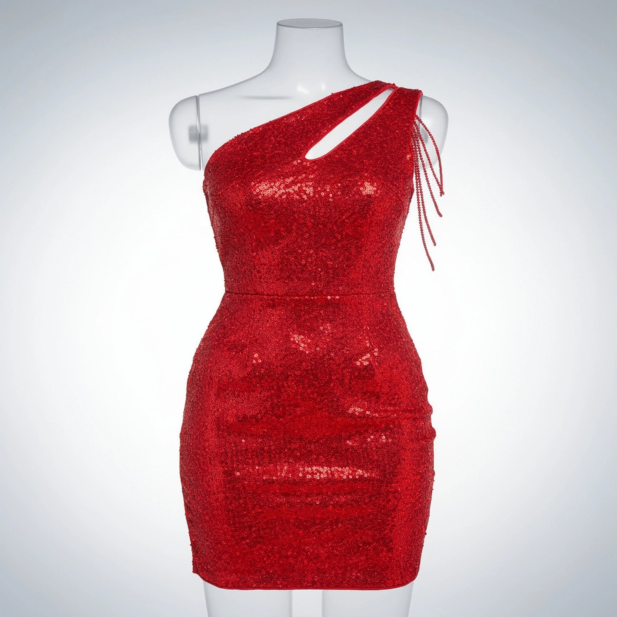 View of an elegant mini dress featuring shimmering sequins, a flattering silhouette, and adjustable straps in a deep emerald green