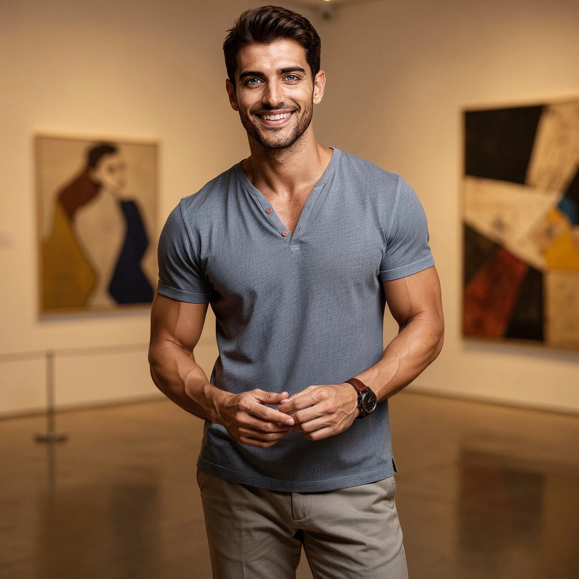 View of a plain short sleeve V neck t shirt in soft cotton fabric, featuring a relaxed fit and a classic design