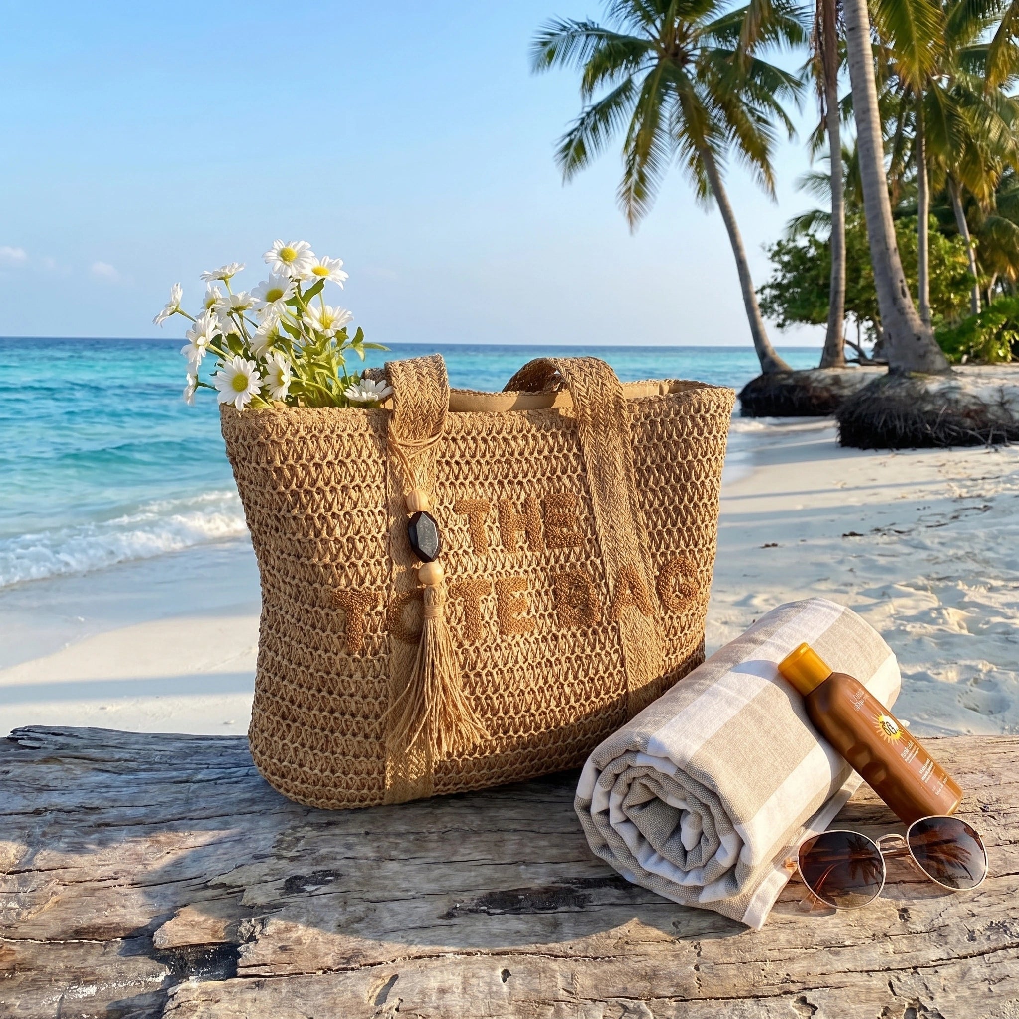 Back view of a woven straw tote bag showing its intricate construction details, perfect for beach outings and summer adventures.