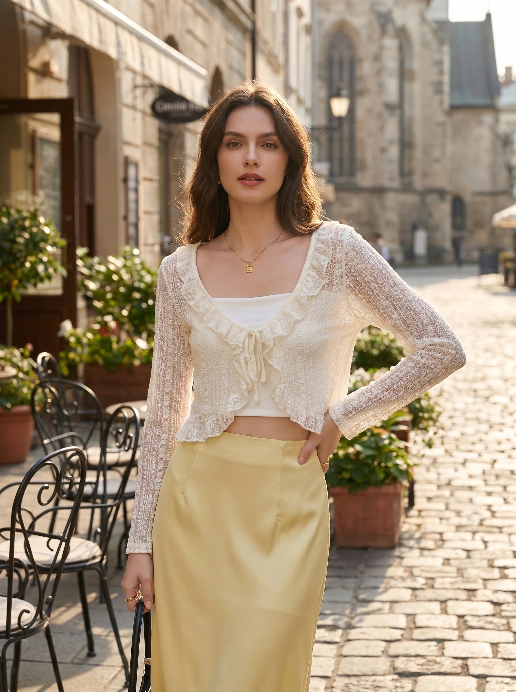 Close up view of the Womens Delicate Ruffled Summer Blouse showing the soft fabric, intricate stitching, and playful ruffled details in a light pastel color.