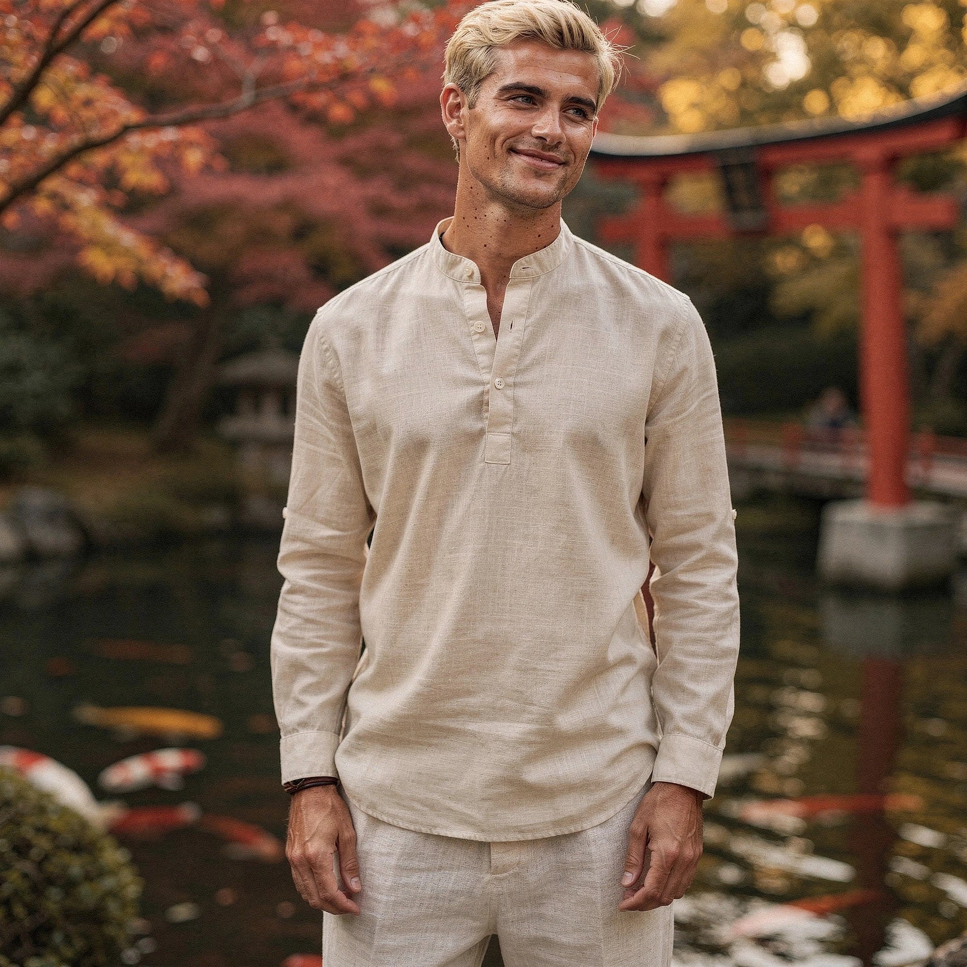 Lightweight casual henley shirt in light gray, featuring a three button placket and long sleeves, view