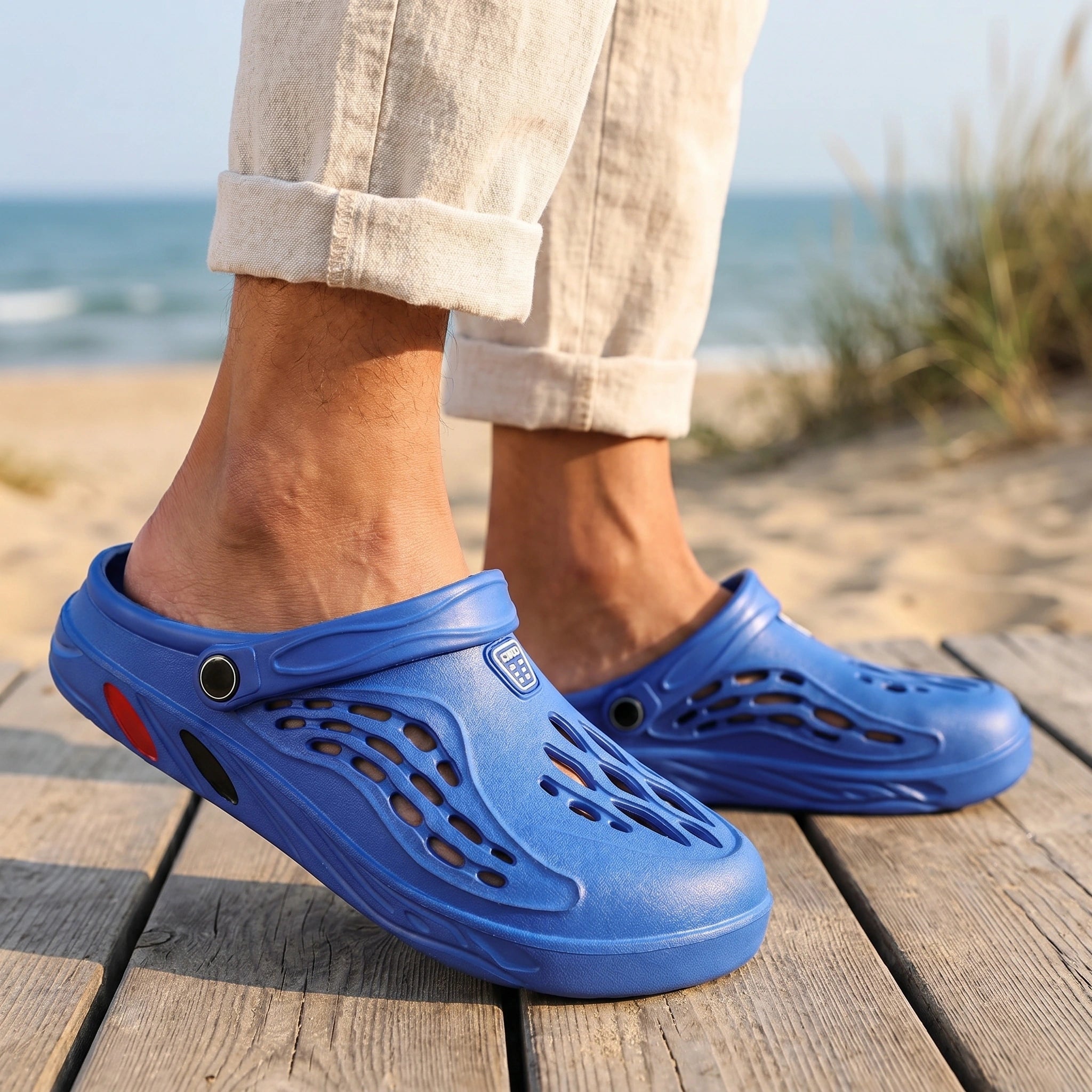 Close up view showing the soft fabric and detailed stitching of the men's relaxed versatile summer sandals in a neutral color, emphasizing their comfort and style.