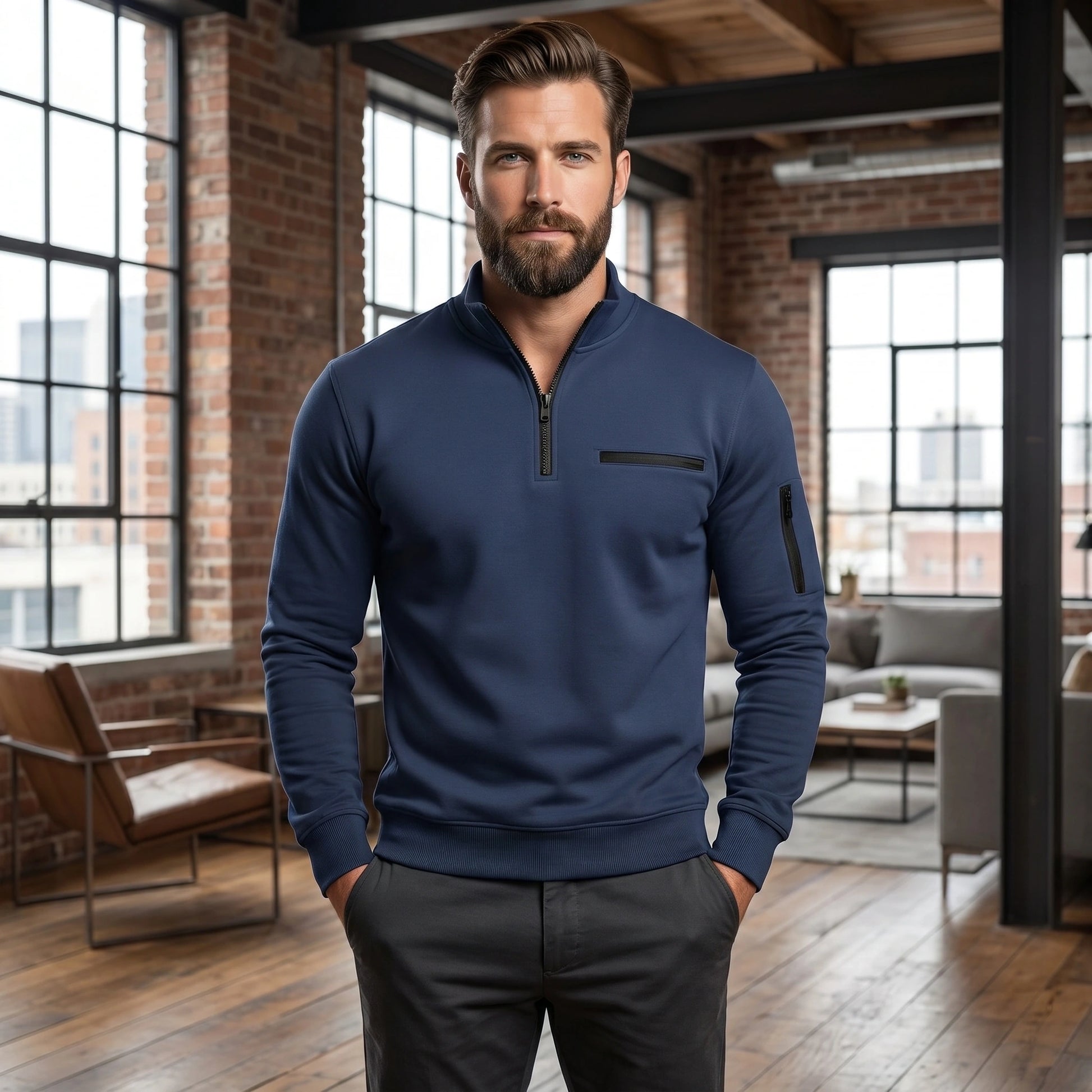 Close up view of the Men's Quarter Zip Sweater showing the soft fabric texture, detailed stitching, and modern design elements for everyday elegance.