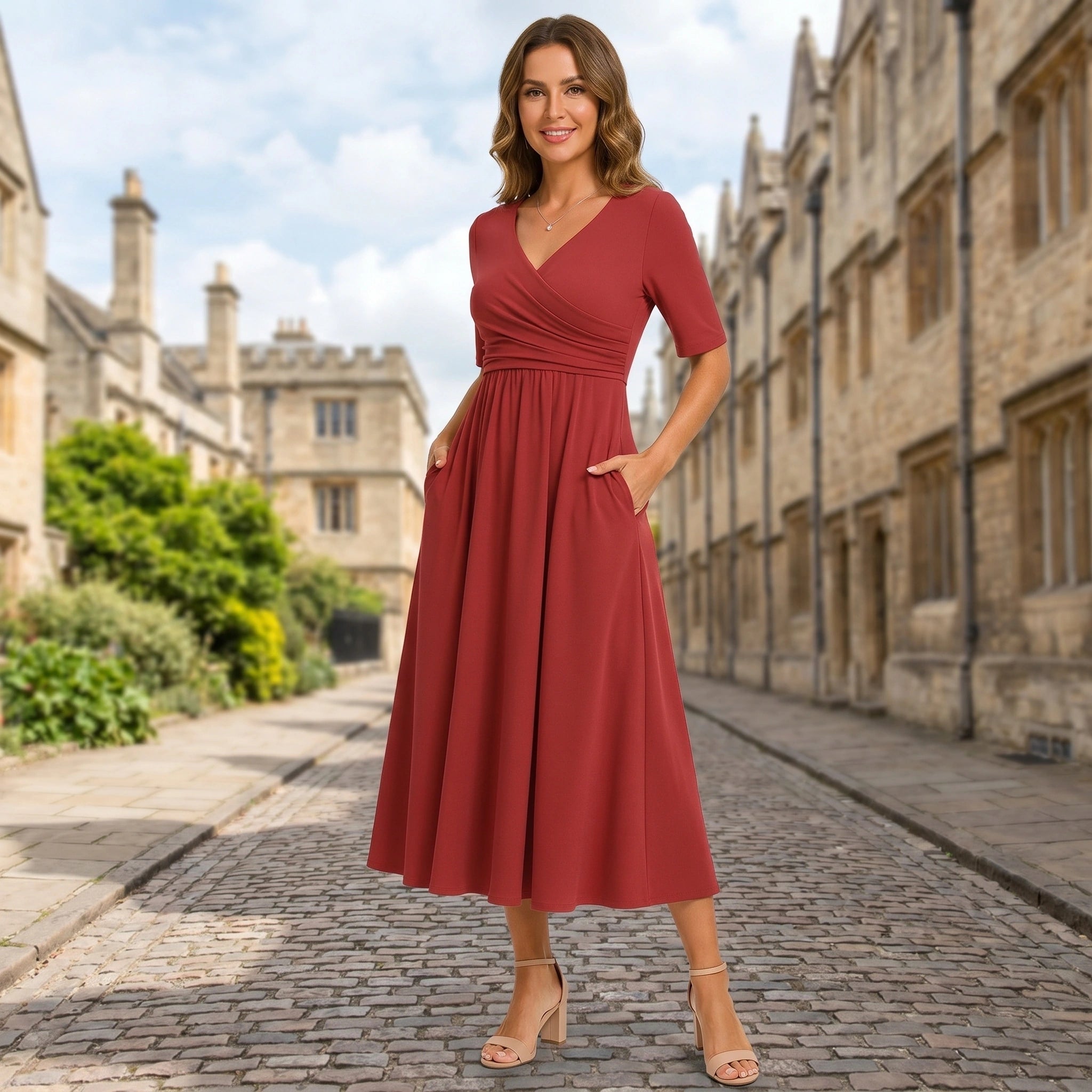 Close up view of the Womens Flattering Midi Dress showing the luxurious fabric texture and precise stitching details against a soft, neutral background.