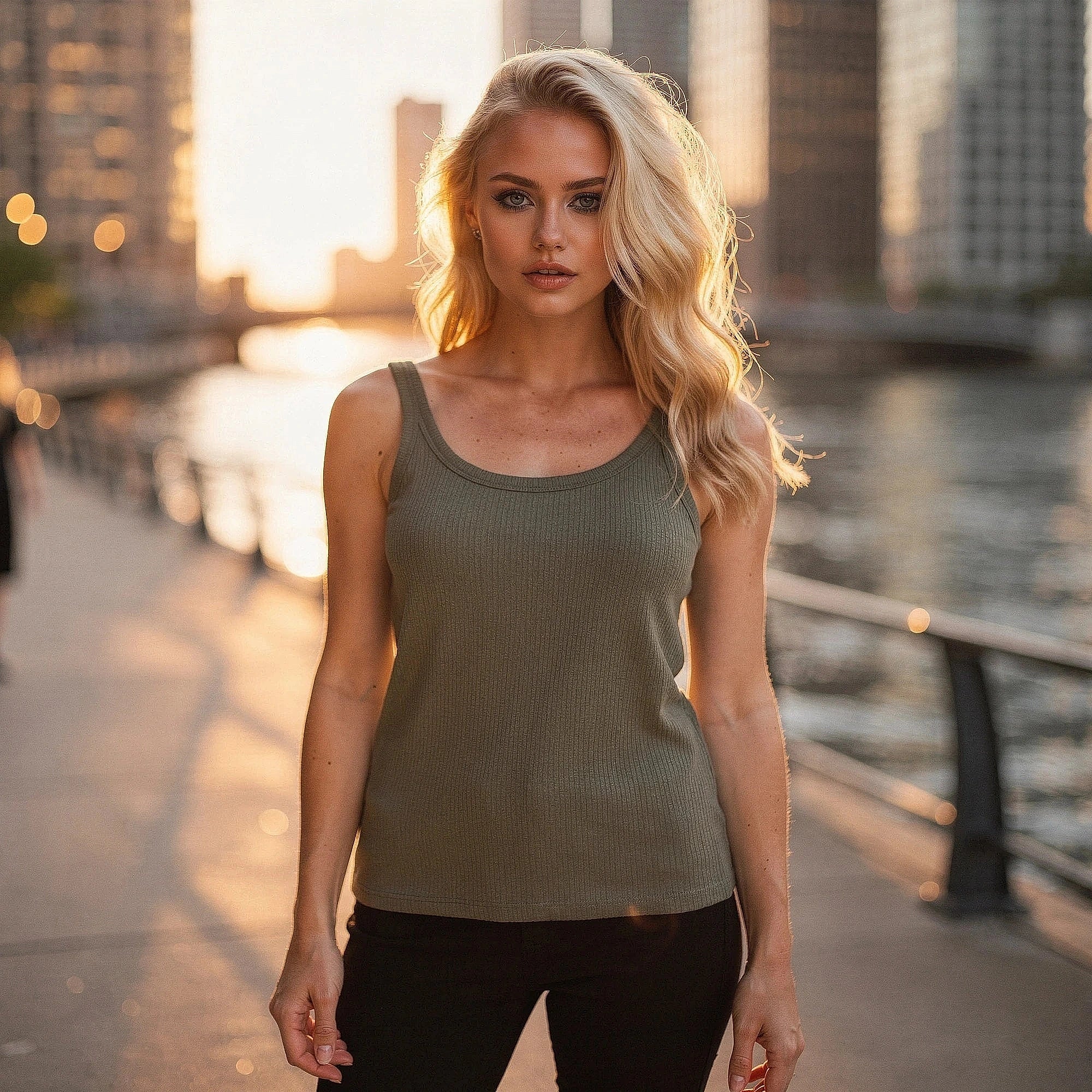 Light gray ribbed tank top with a scoop neckline and thin straps, view showcasing the fabric texture