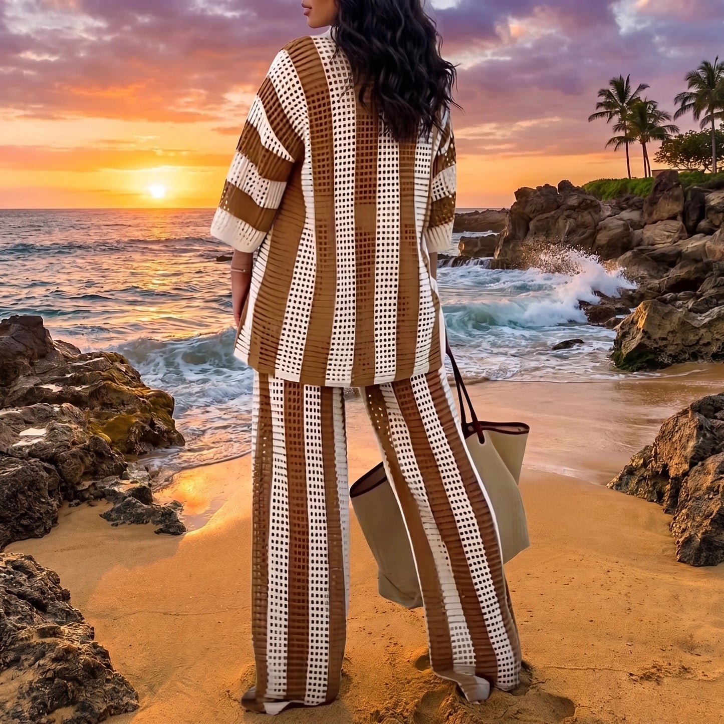 Close up view of the lightweight, breathable fabric and intricate stitching of the Womens Airy Boho Summer Beach Set, showing its effortless summer style.