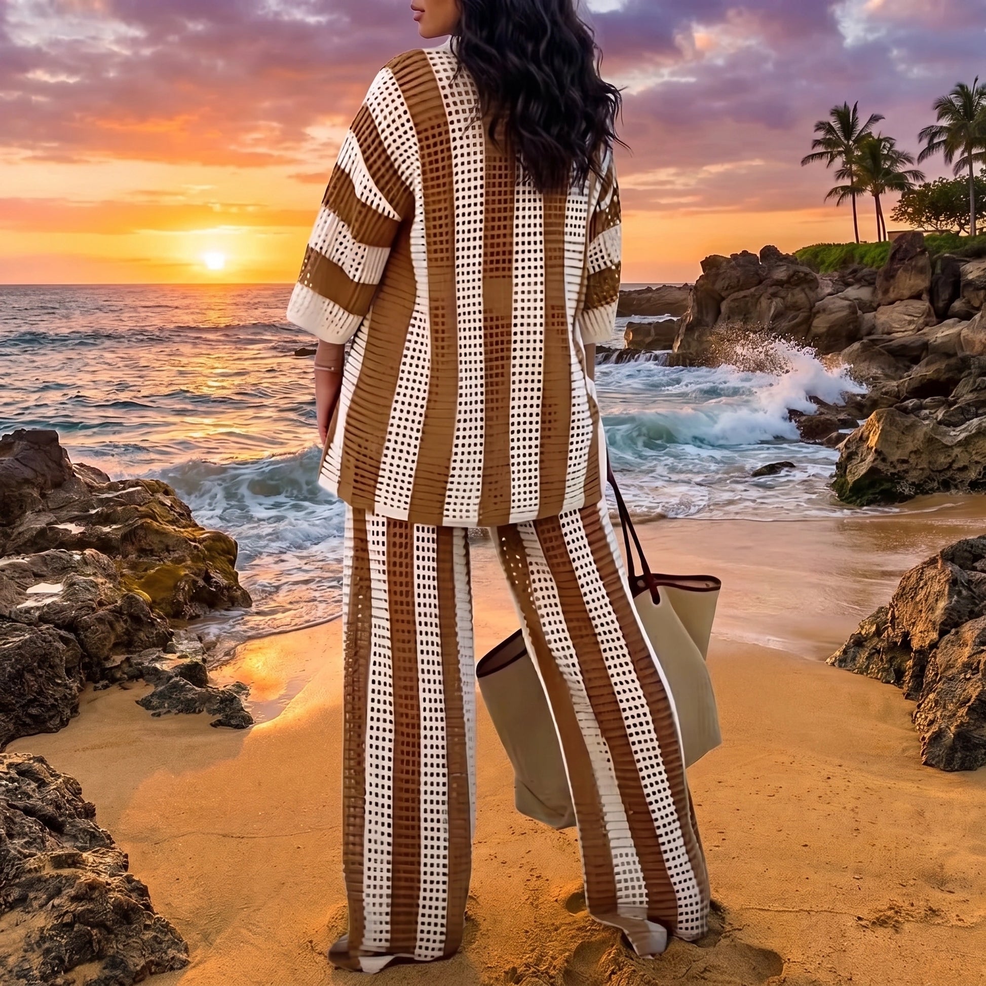 Close up view of the lightweight, breathable fabric and intricate stitching of the Womens Airy Boho Summer Beach Set, showing its effortless summer style.