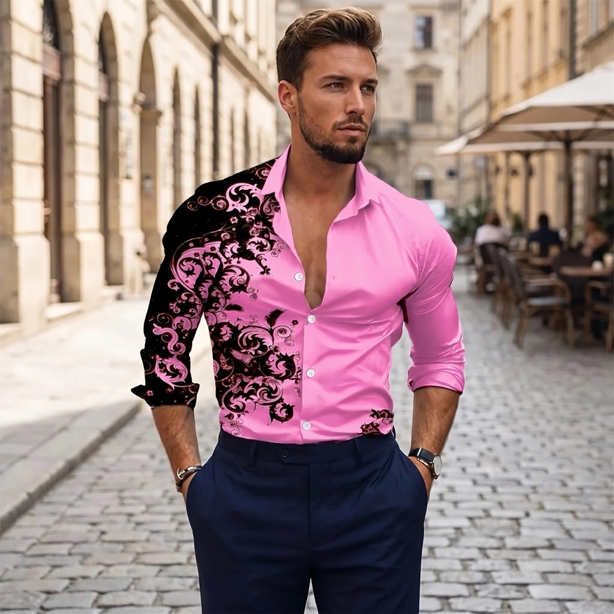Close up view of the vibrant fabric and precise stitching of the Men's Vibrant Casual Spring Shirt, showing its quality and attention to .