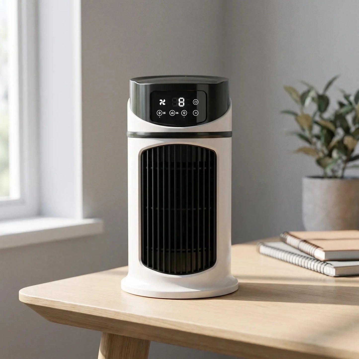 View of a compact portable water misting fan featuring a sleek design and user friendly control buttons