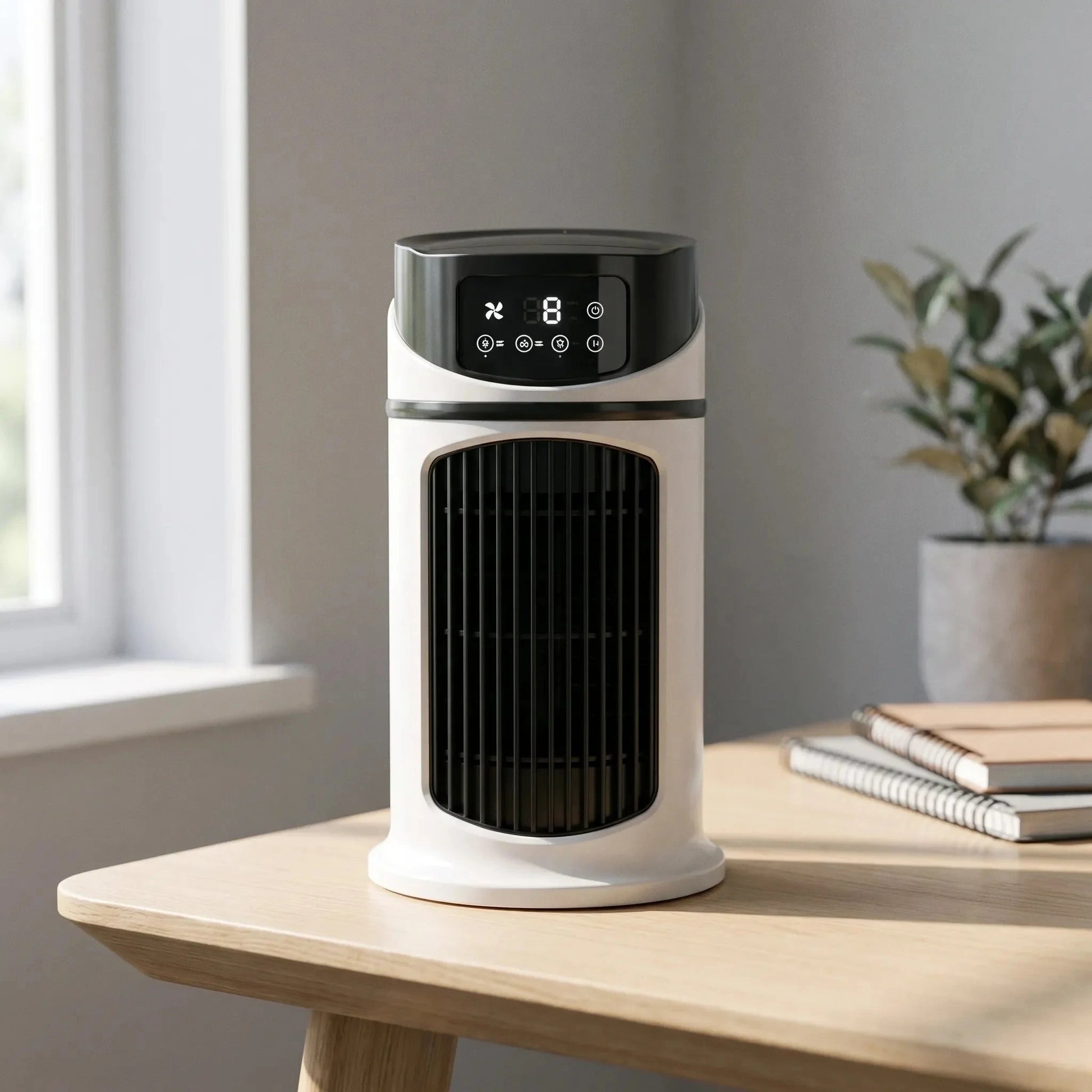 View of a compact portable water misting fan featuring a sleek design and user friendly control buttons