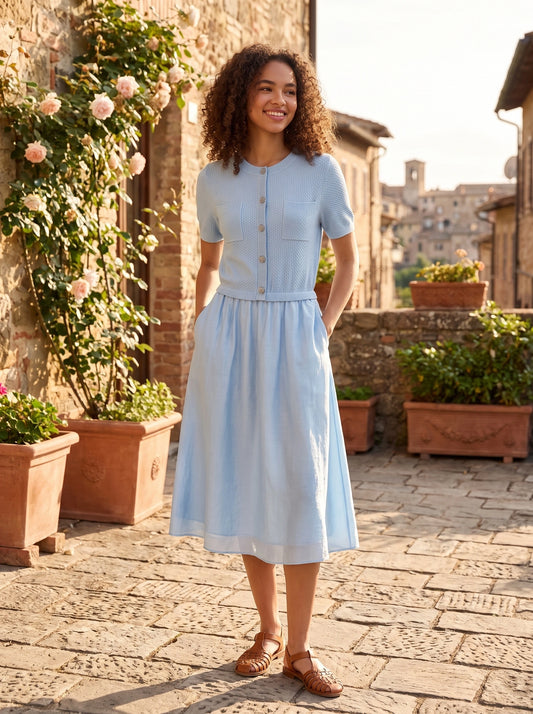 Close up view of the Womens Fit and Flare Midi Dress showing the intricate stitching and soft fabric texture against a neutral background.
