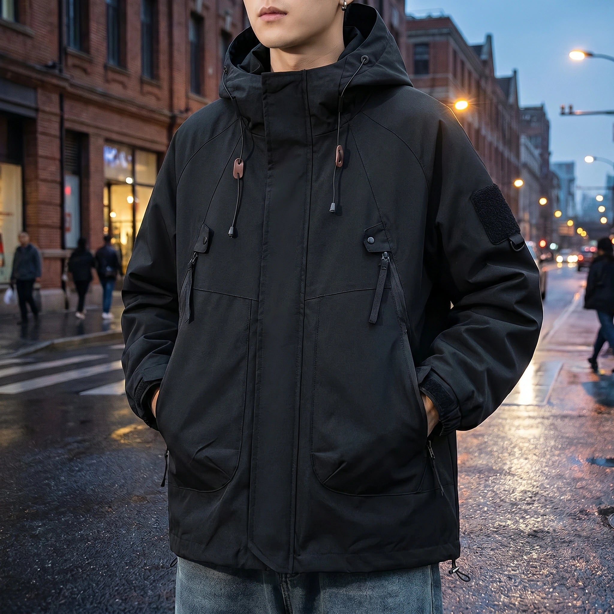 Back view of a model wearing a mens casual relaxed autumn hooded jacket in a rich olive green, showing its construction details against a neutral background.