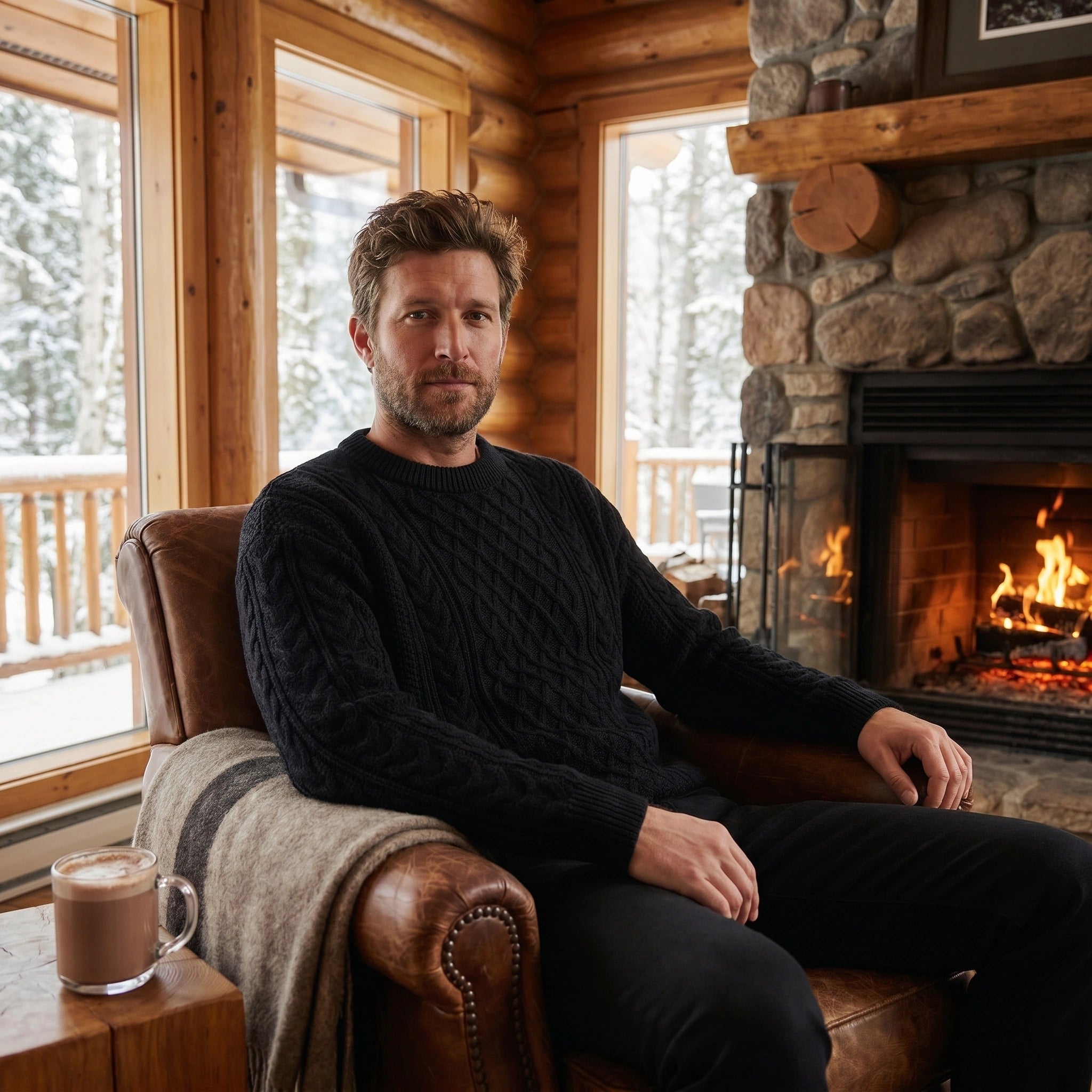 Close up view of the mens cozy cable knit sweater showing intricate stitching and soft fabric texture, showing its timeless sophistication and all day comfort.