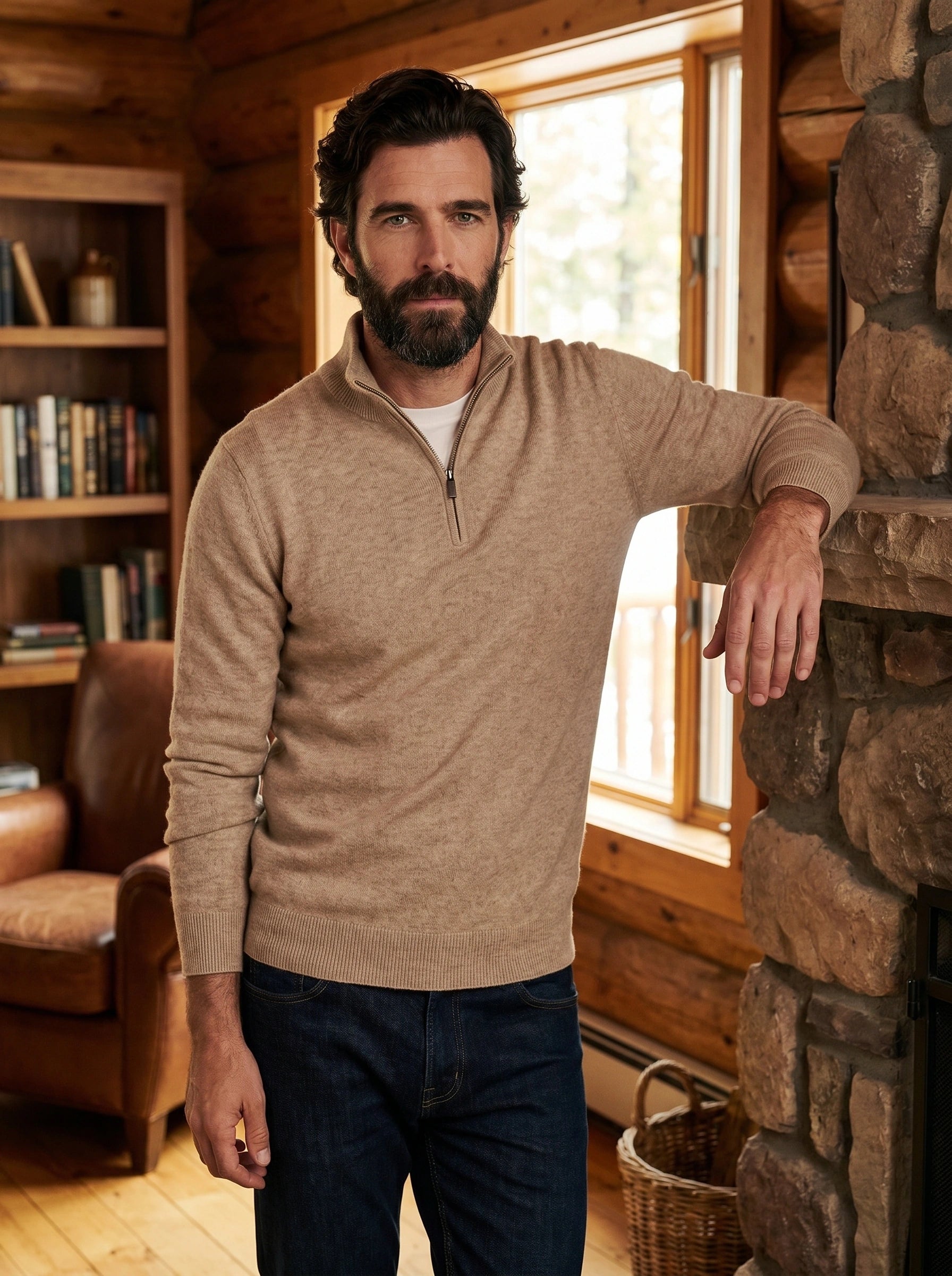 Front view of a male model wearing a navy Mens Elevated Texture Quarter Zip Sweater, styled with tailored trousers against a neutral background.