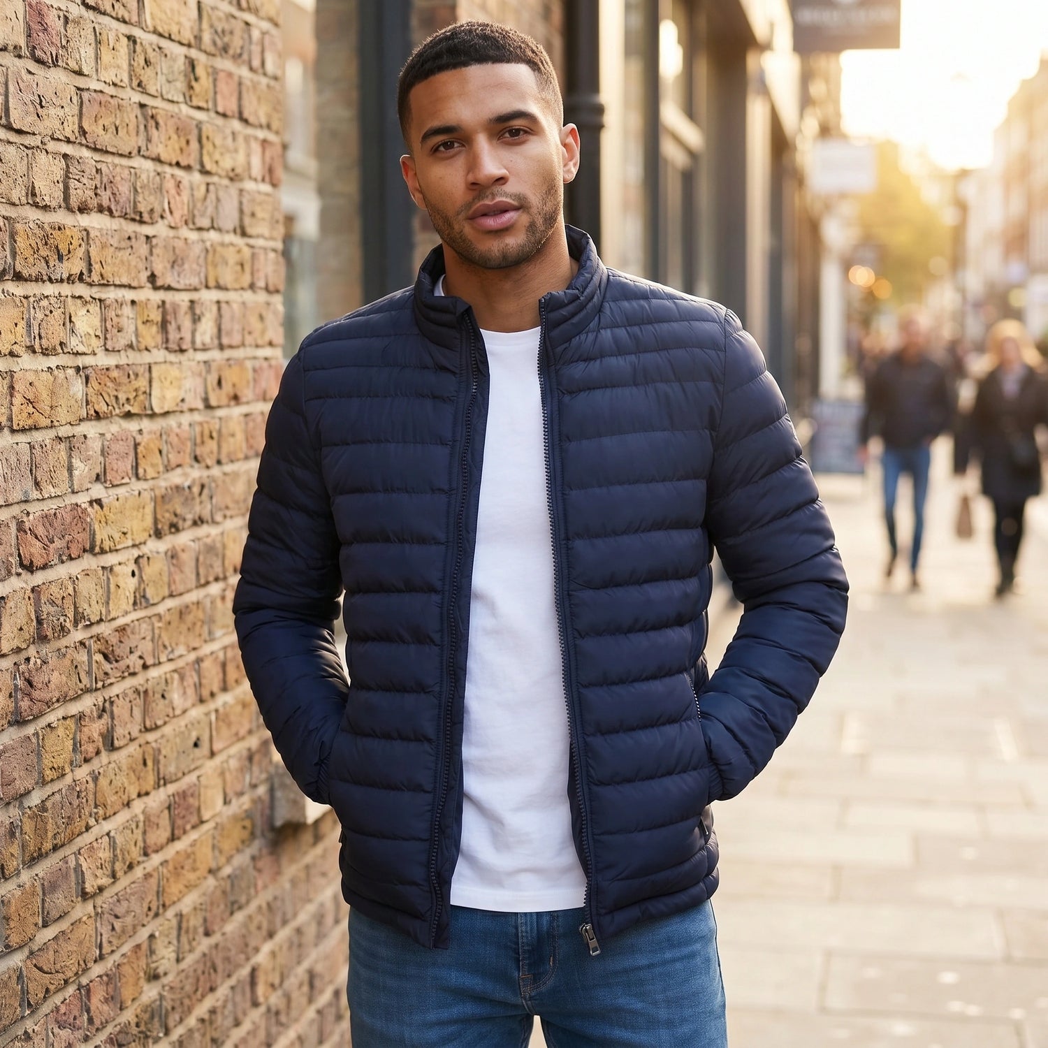 Close up view of the Mens Lightweight Slim Transitional Puffer Jacket showing the intricate stitching and fabric texture in a sleek, modern design.