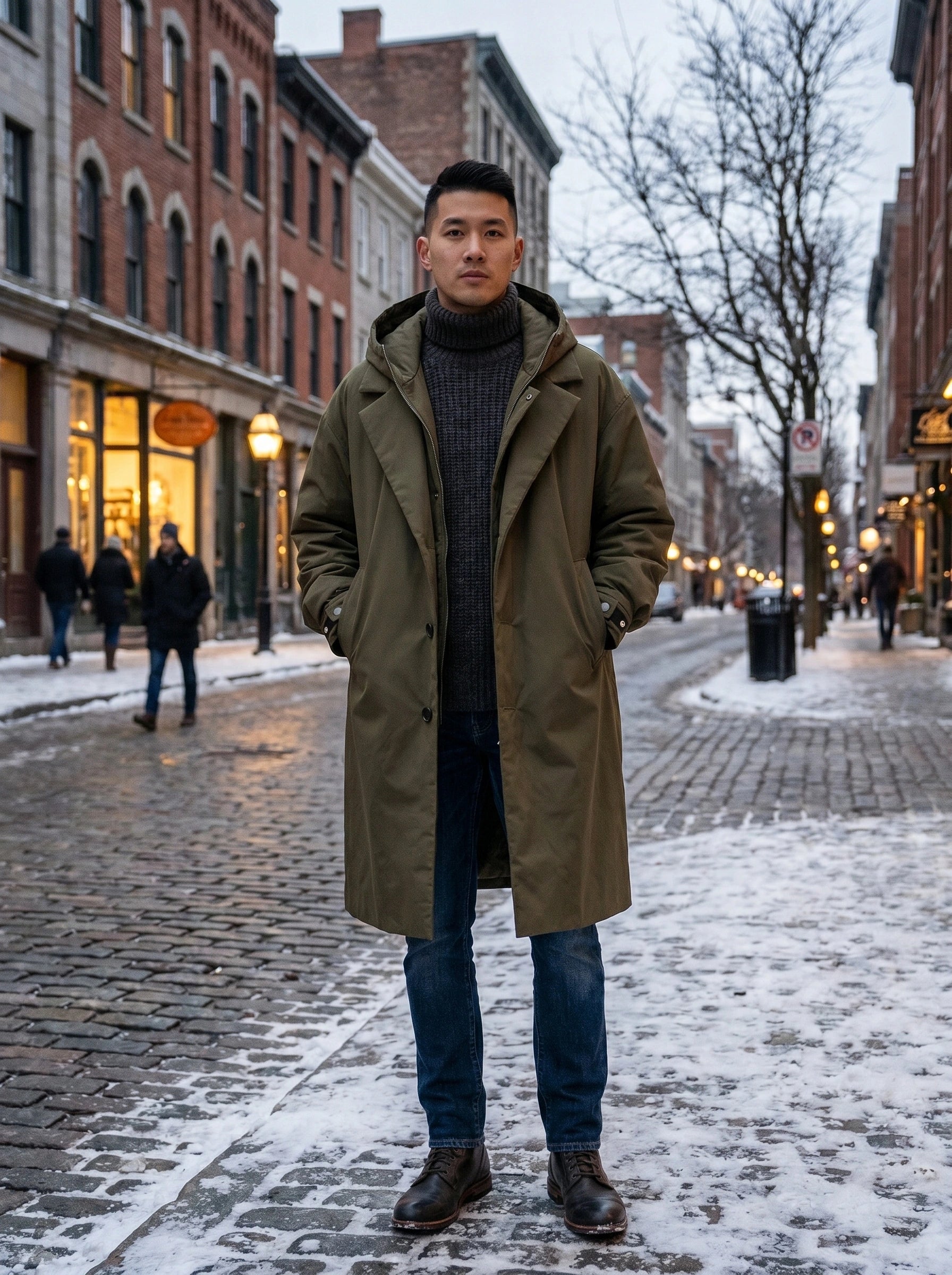 Close up of the men's oversized winter overcoat showing the luxurious fabric texture and precise stitching in a sophisticated neutral tone.