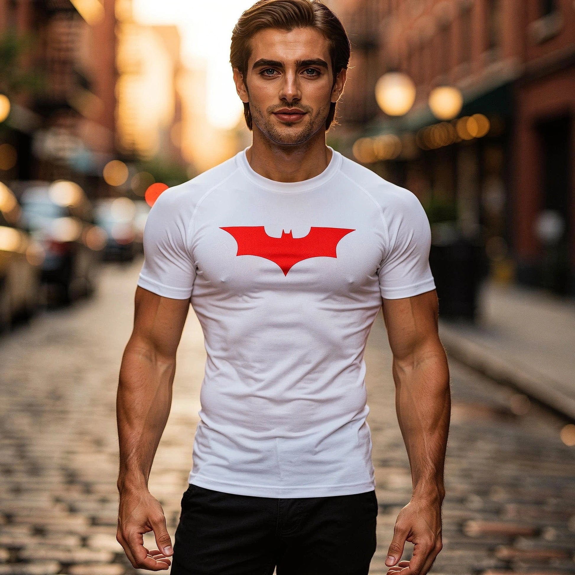 View of a fitted men's athletic compression running tee in dark gray, showcasing moisture wicking fabric and short sleeves