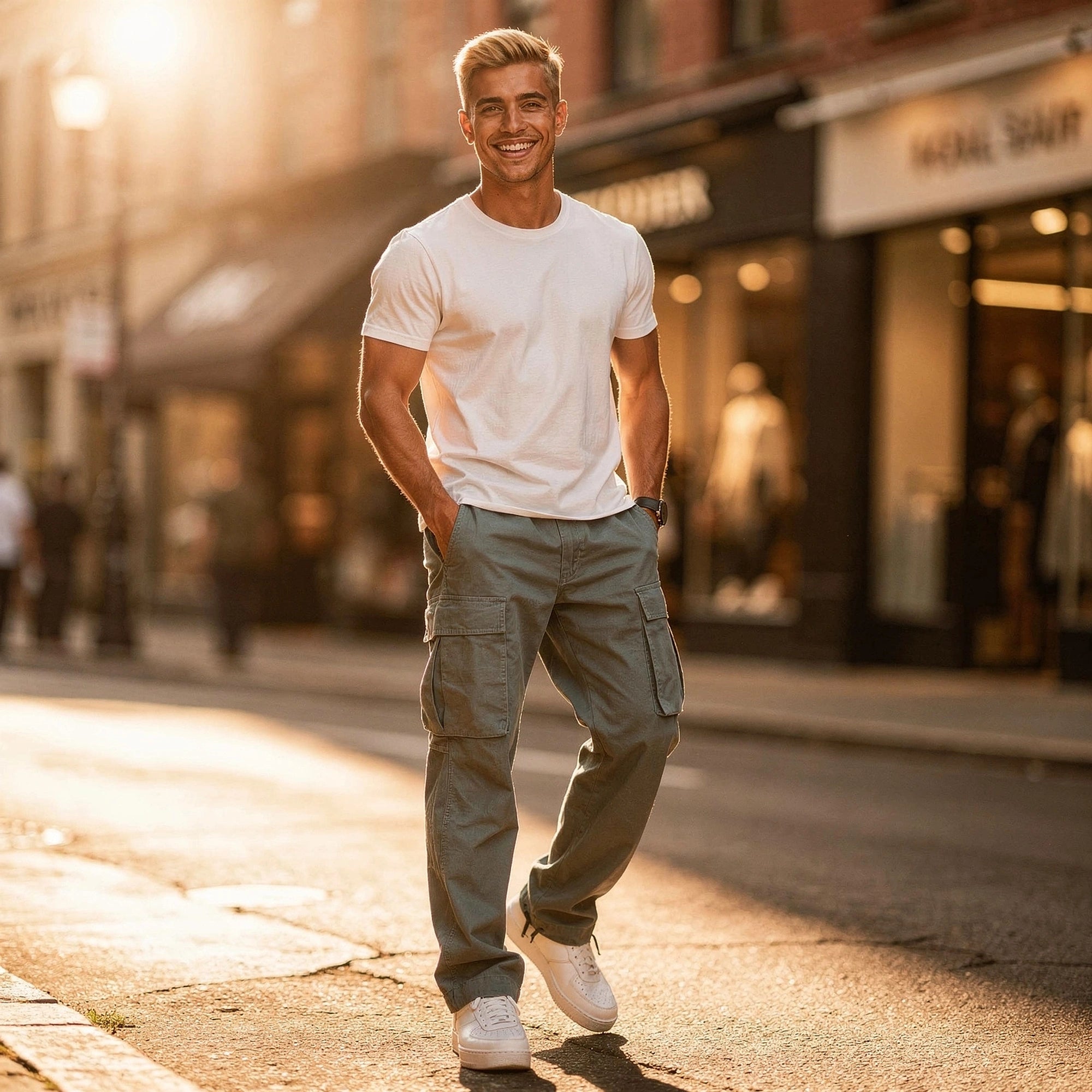 View of relaxed fit cargo pants in olive green, featuring multiple pockets and a comfortable waistband