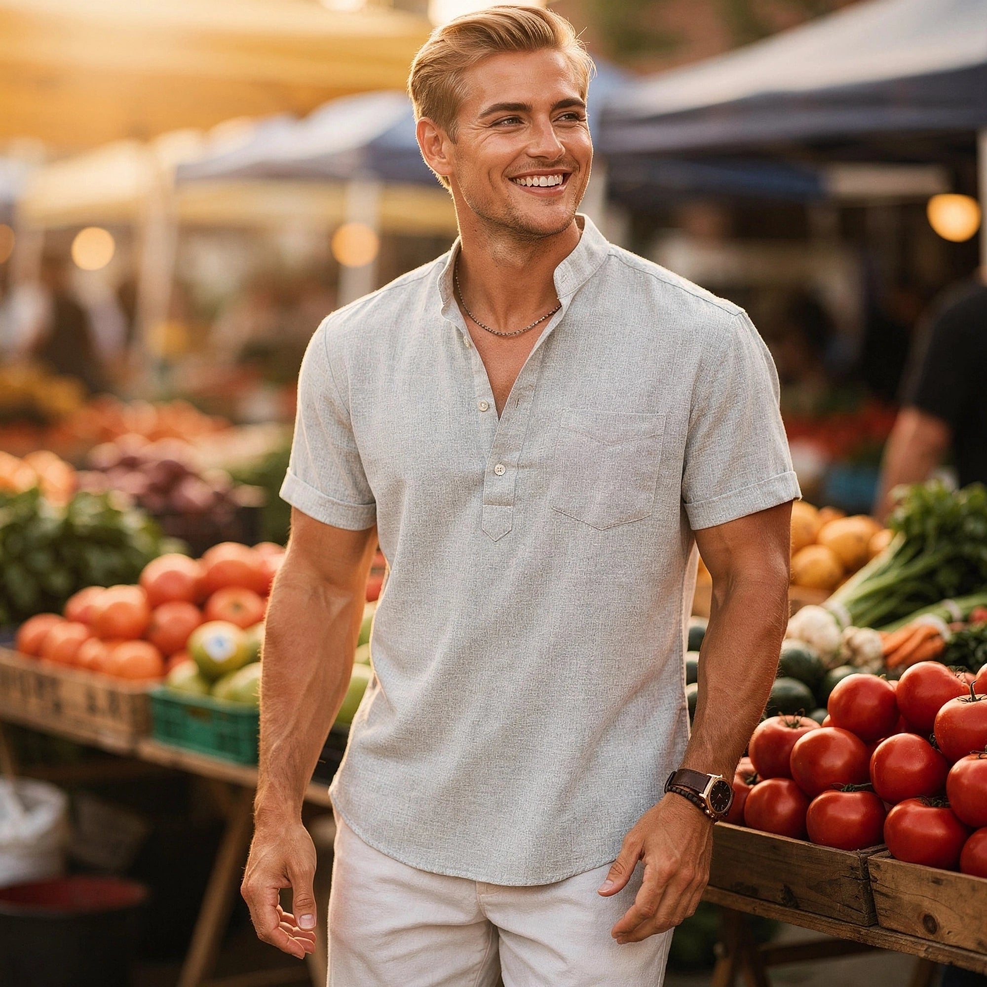 View of a light gray casual relaxed henley shirt made of soft cotton, featuring a three button placket and short sleeves