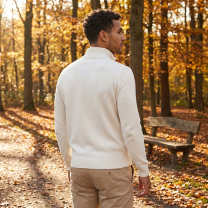 Close up view of the Mens Refined Quarter Zip Regular Fit Sweater showing the soft fabric texture and detailed stitching, showing its quality craftsmanship and design.
