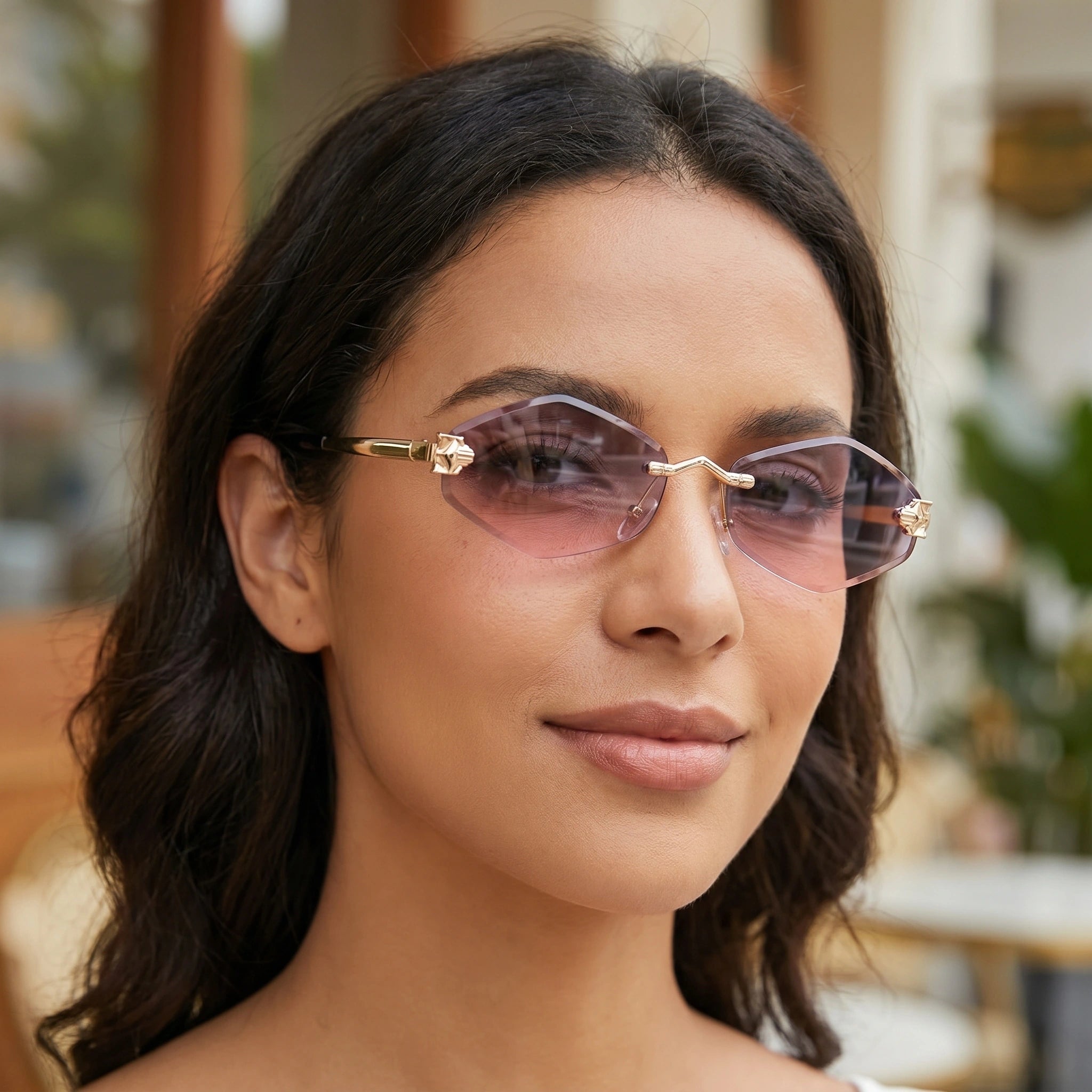 Close up view of the Womens Vintage Polygonal Sunglasses showing the intricate detailing and unique polygonal shape against a soft, neutral background.