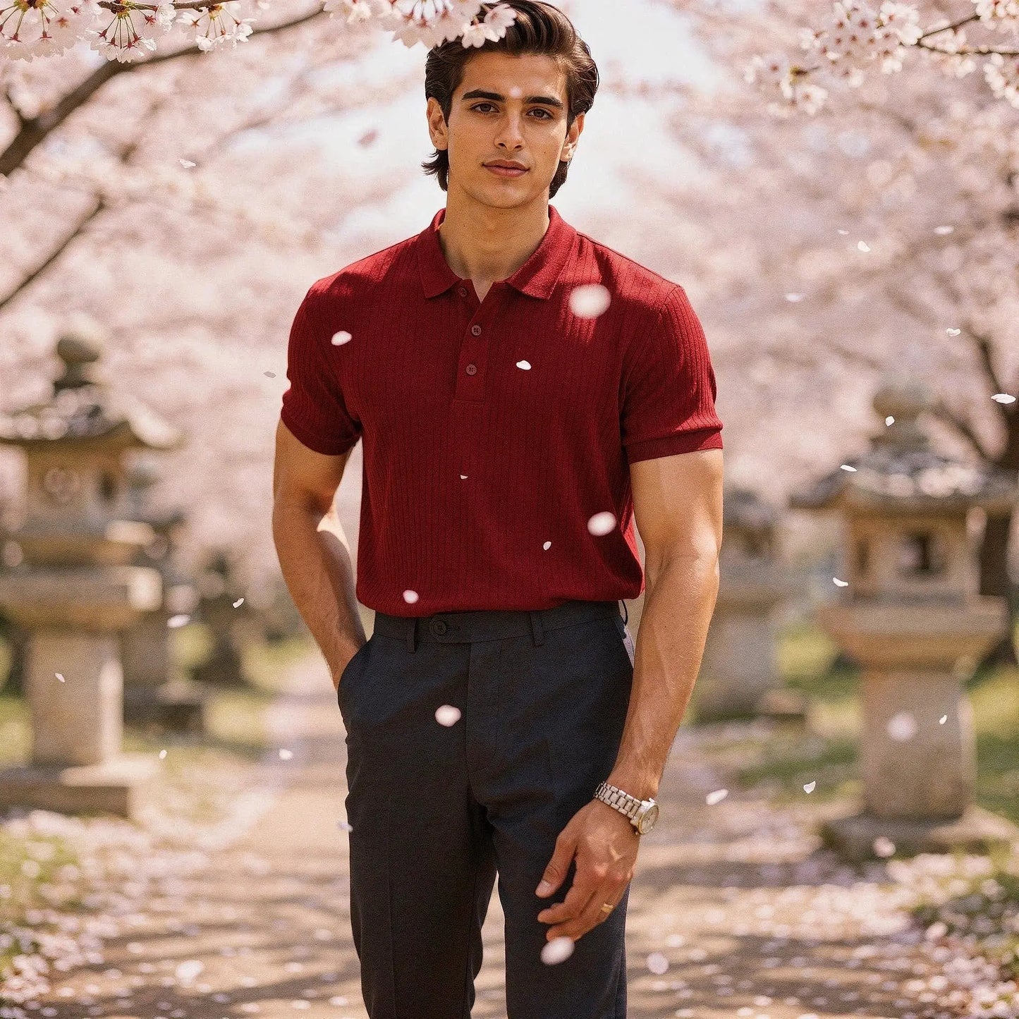 View of a slim fit short sleeve polo t shirt in light blue, featuring a soft cotton blend and a classic collar