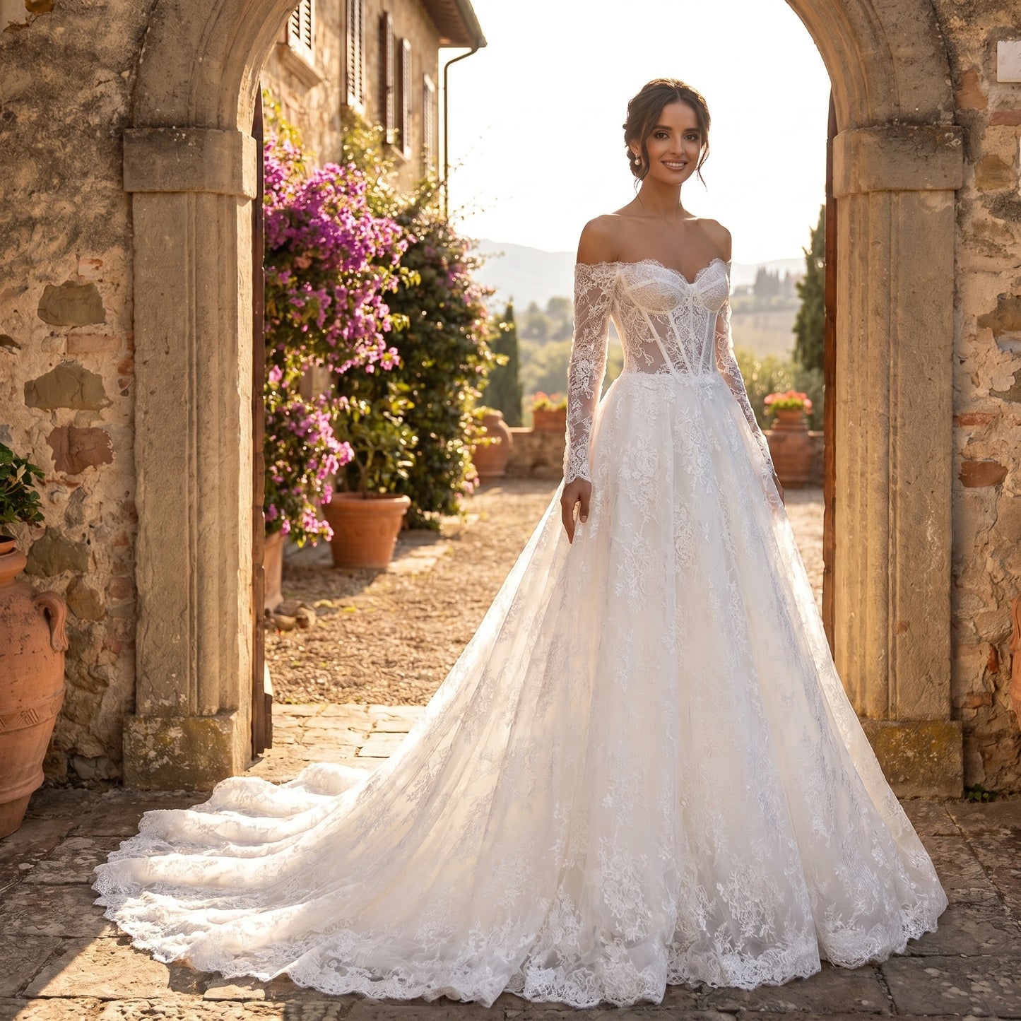 Close up view of the Womens Timeless Wedding Dress showing intricate lace detailing and delicate stitching on a soft ivory fabric against a neutral background.