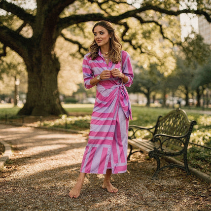 View of a flattering wrap dress featuring a vibrant floral print, short sleeves, and a tie waist in soft fabric