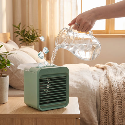 Back view of the compact rechargeable USB air conditioner fan showing its sleek design, portable features, and construction details ideal for home or office use.