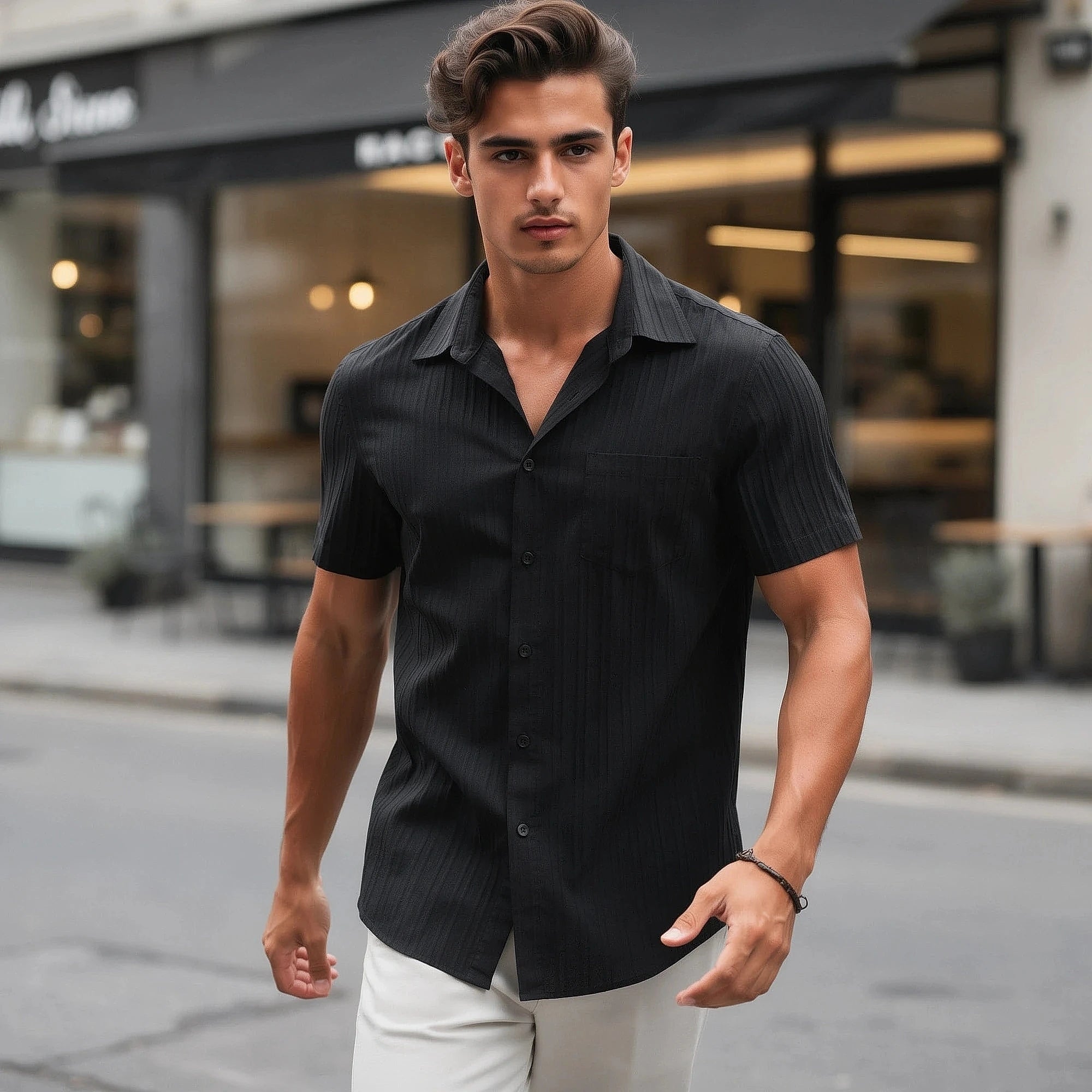 View of a light beige linen shirt with a relaxed fit and short sleeves, showcasing breathable fabric and a casual style