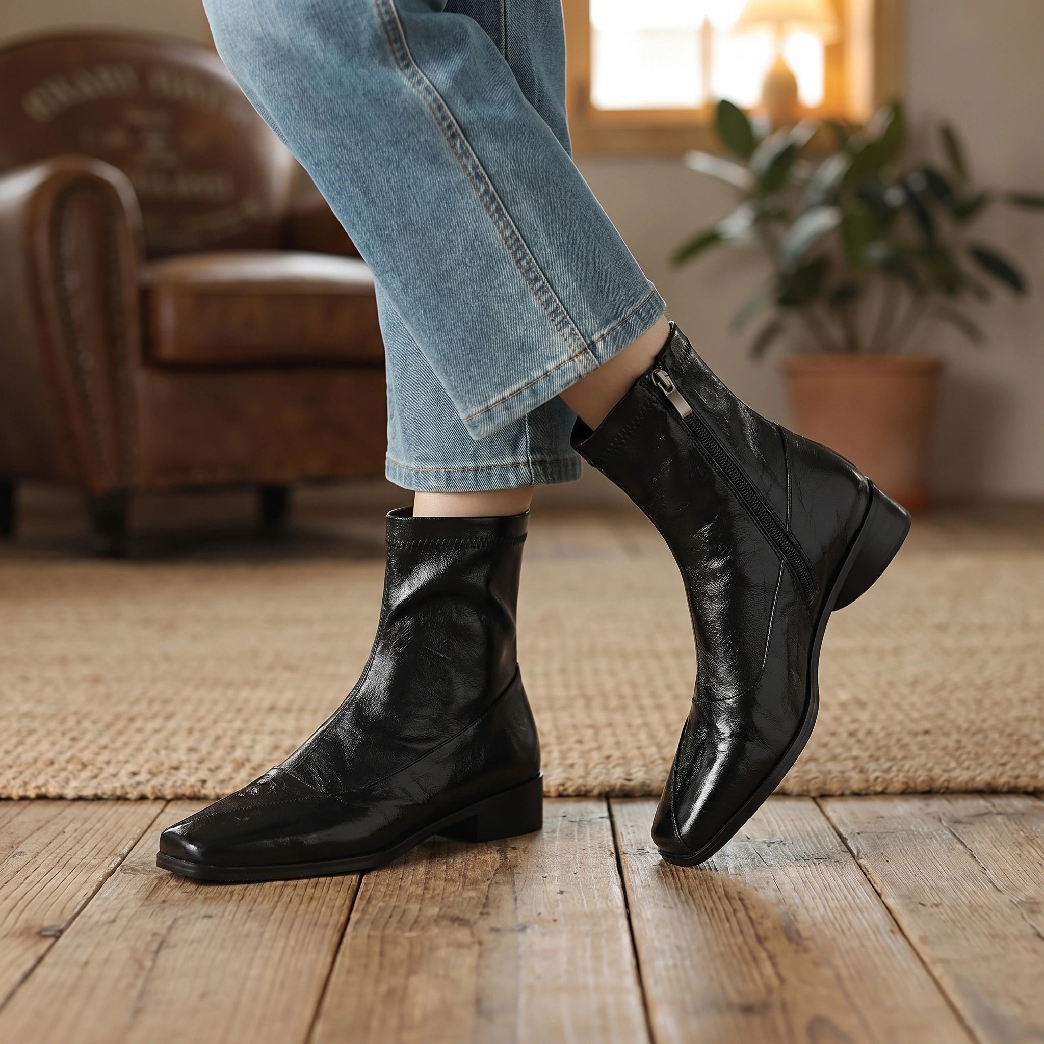 Front view of a model showing women's modern ankle boots in black, styled with a autumn outfit against a neutral background.