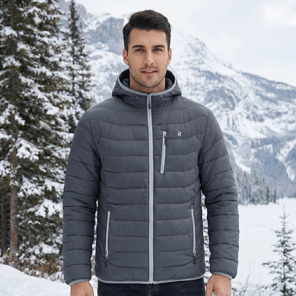 Close up view of the mens lightweight warm winter puffer jacket showing the sleek fabric texture and precise stitching details, showing its quality and style.