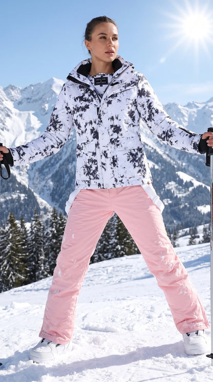 Close up view of the Charlotte women's thick warm waterproof winter ski suit showing its durable fabric and intricate stitching details against a neutral background.