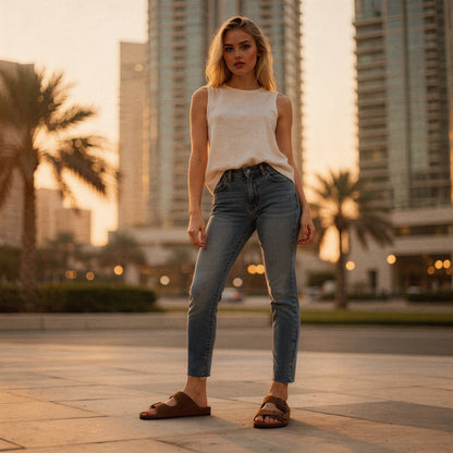 View of chic relaxed summer sandals in light tan leather with adjustable ankle strap and cushioned footbed