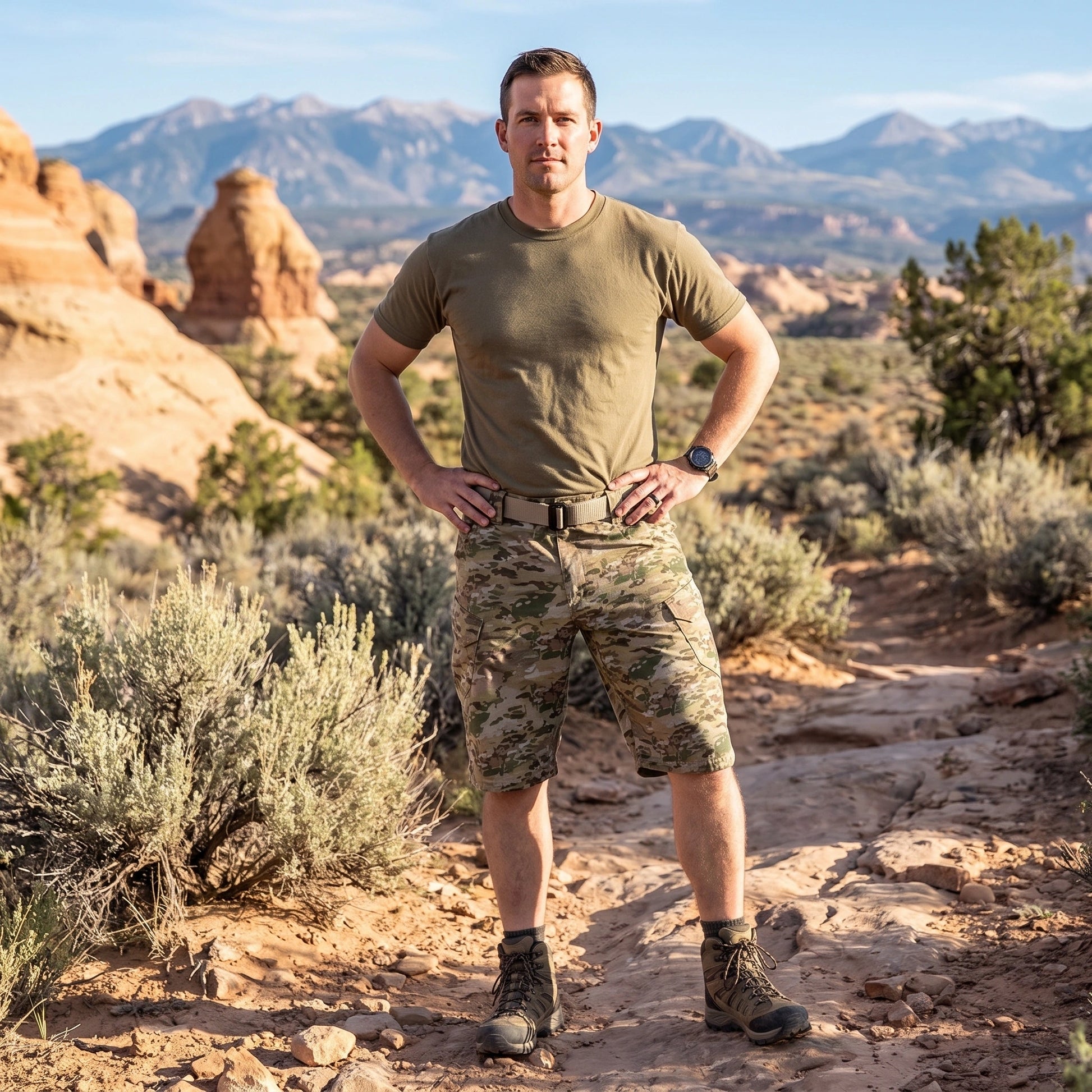 Close up view showing the durable fabric and precise stitching of the men's functional practical cargo shorts, ideal for outdoor adventures.