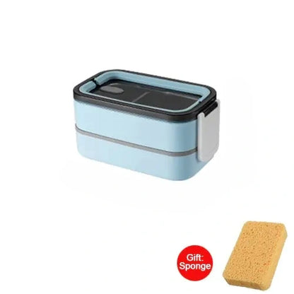 View of a sleek stainless steel double layer lunch box with a smooth finish and secure lid, showcasing its modern design