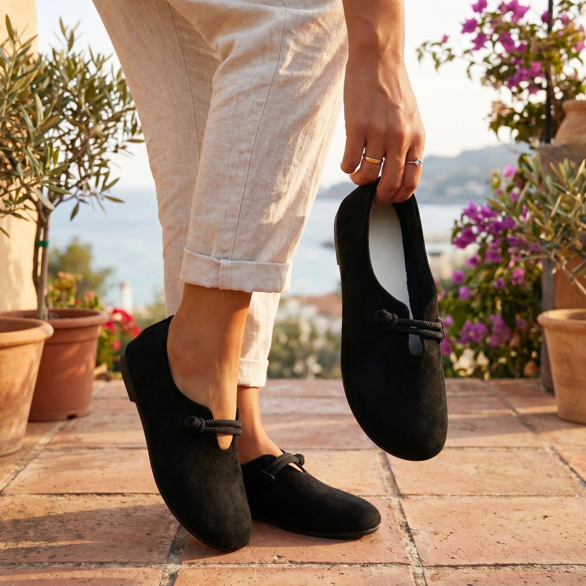 Close up of the Womens Effortless Summer Orthopedic Loafers showing the soft fabric, precise stitching, and design in a neutral tone.
