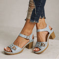 View of trendy adjustable buckle chunky heel sandals in tan, featuring a stylish design and sturdy heel for summer wear