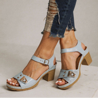 View of trendy adjustable buckle chunky heel sandals in tan, featuring a stylish design and sturdy heel for summer wear