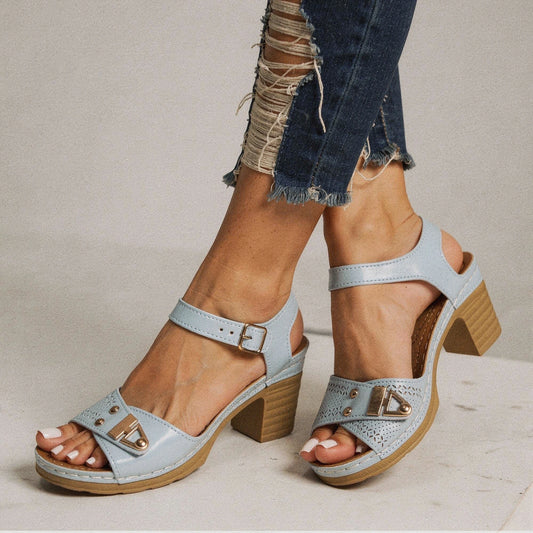 View of trendy adjustable buckle chunky heel sandals in tan, featuring a stylish design and sturdy heel for summer wear