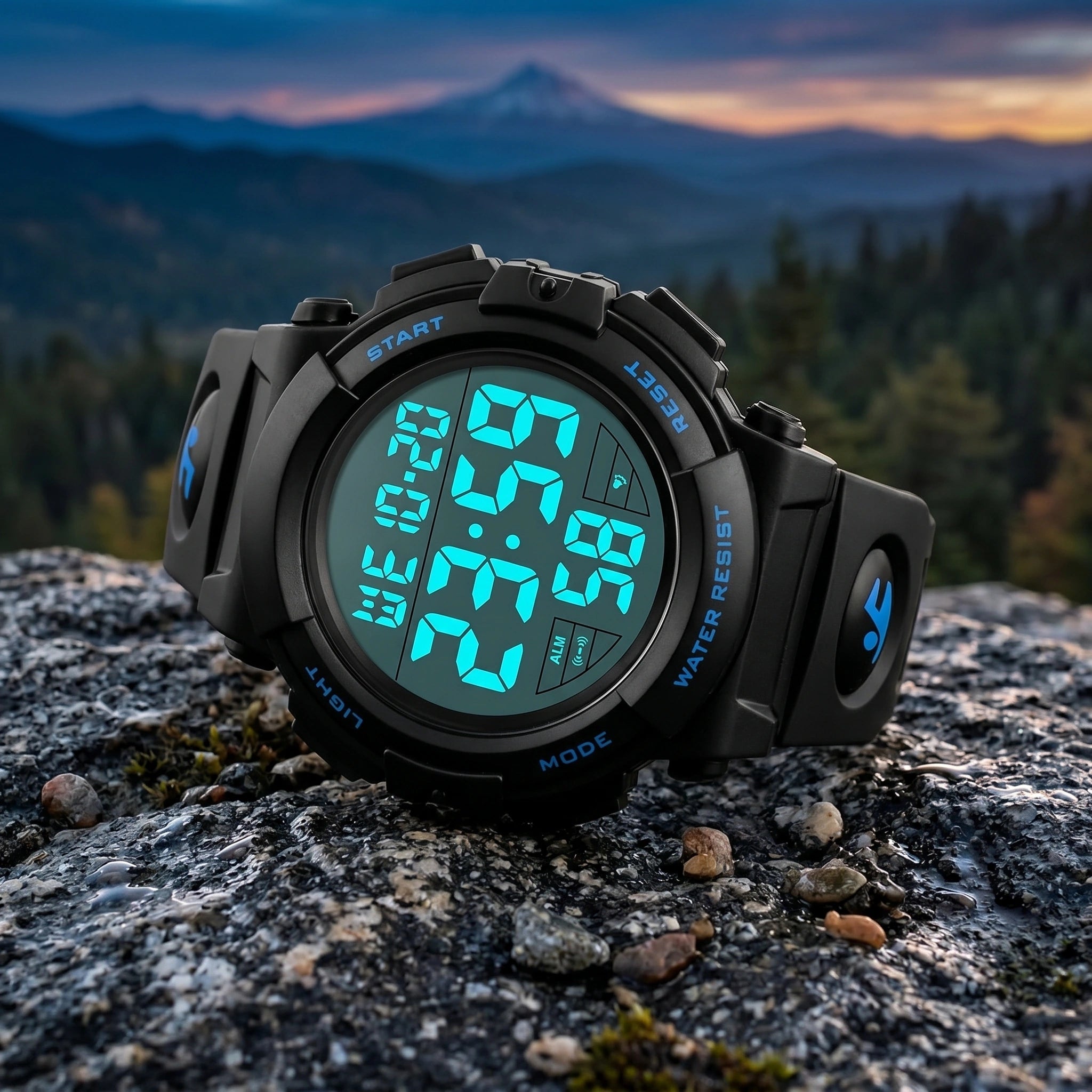 Close up view of the men's durable sports watch showing its robust stitching and waterproof design against a neutral background.