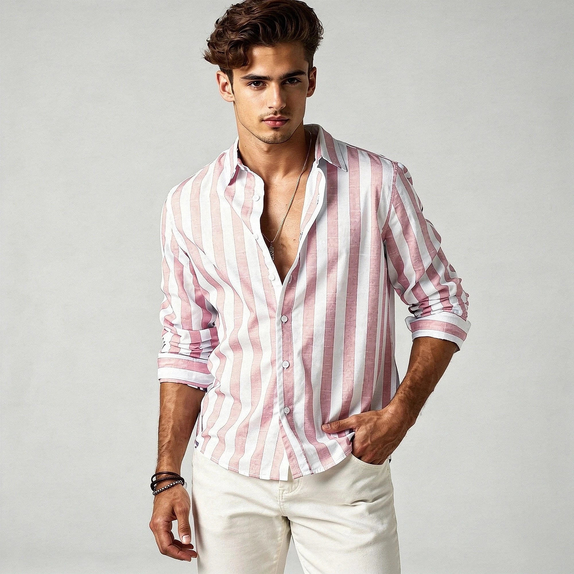 View of a relaxed fit short sleeve shirt featuring horizontal stripes in shades of blue and white, made