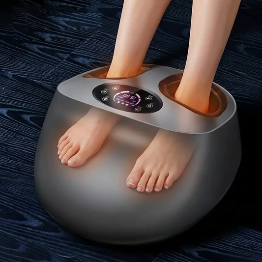 A model showcases the Women's Foot Massager with Heat Function, styled in a cozy living room, wearing a soft, neutral toned outfit.