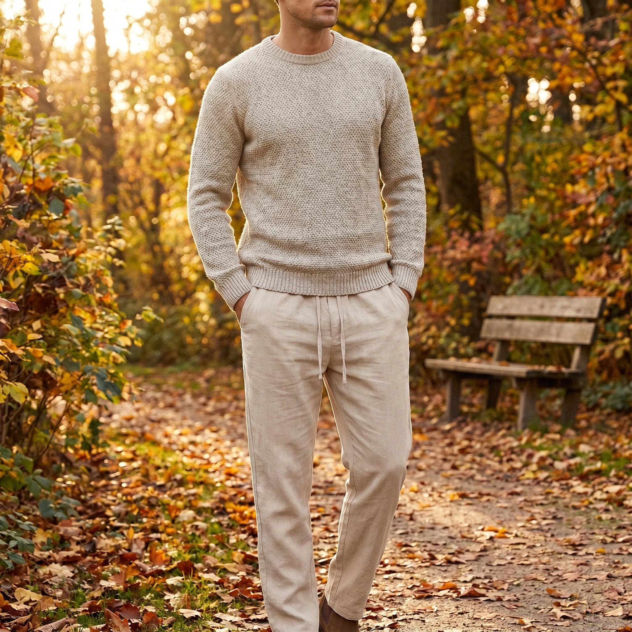 Close up of the men's breathable solid linen pants showing the fine stitching and lightweight fabric texture, ideal for fitness and streetwear looks.