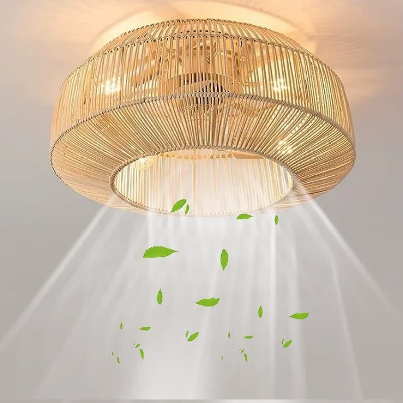 A modern rattan ceiling fan featuring a sleek design, integrated lights, and remote control, elegantly displayed