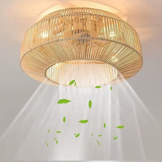 A modern rattan ceiling fan featuring a sleek design, integrated lights, and remote control, elegantly displayed