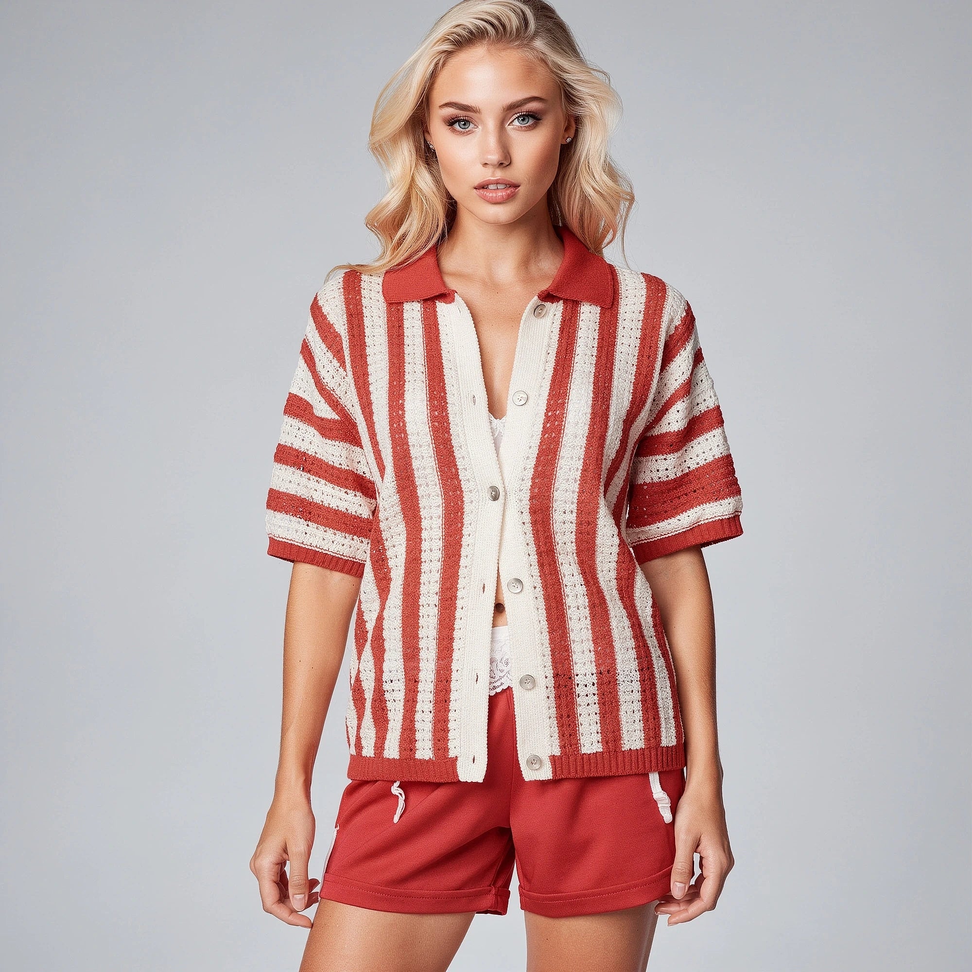 View of a stylish cardigan in soft gray knit, featuring a relaxed fit and open design