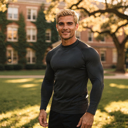 View of a black fleece backed compression winter tee, showcasing the soft material and snug fit
