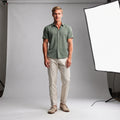View of a relaxed fit long sleeve crew neck casual shirt in light gray cotton fabric