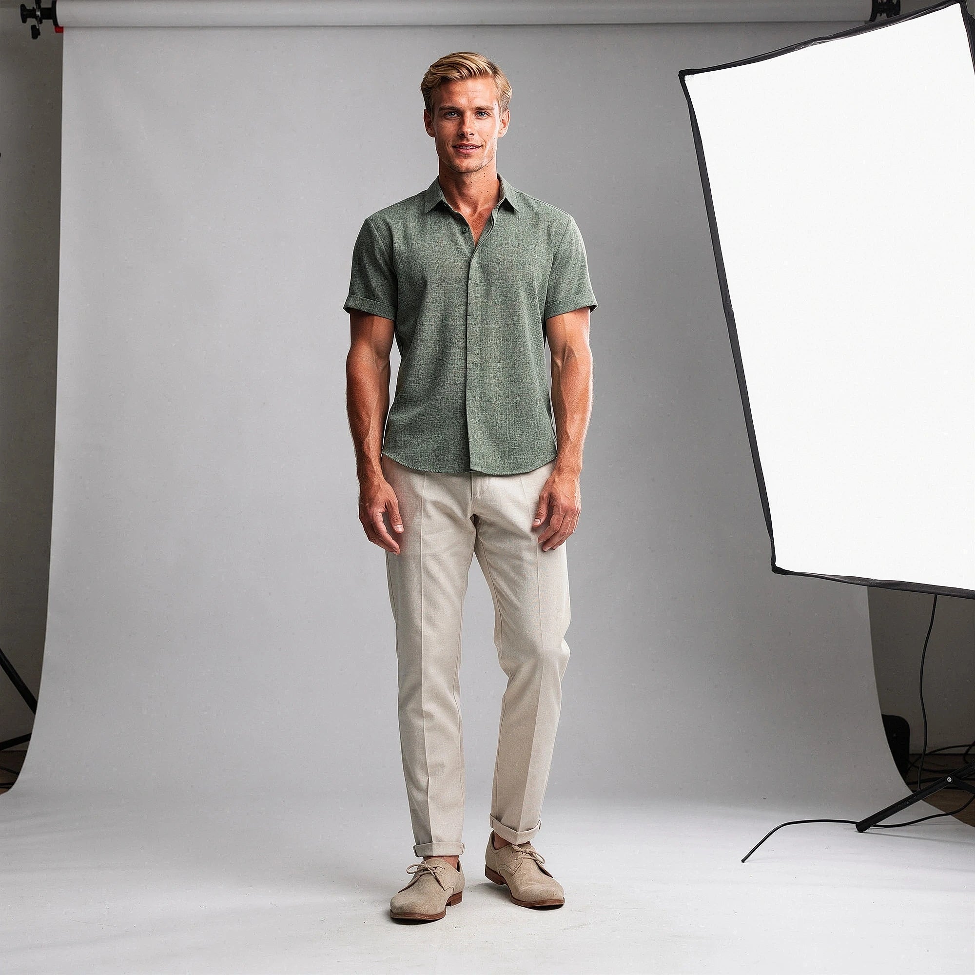 View of a relaxed fit long sleeve crew neck casual shirt in light gray cotton fabric
